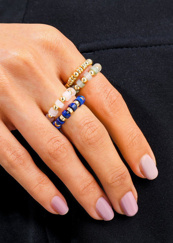 Wisdom & Love - Pink Quartz, Green Rutile, Lapis Beaded Stretchable Ring - Set of 4